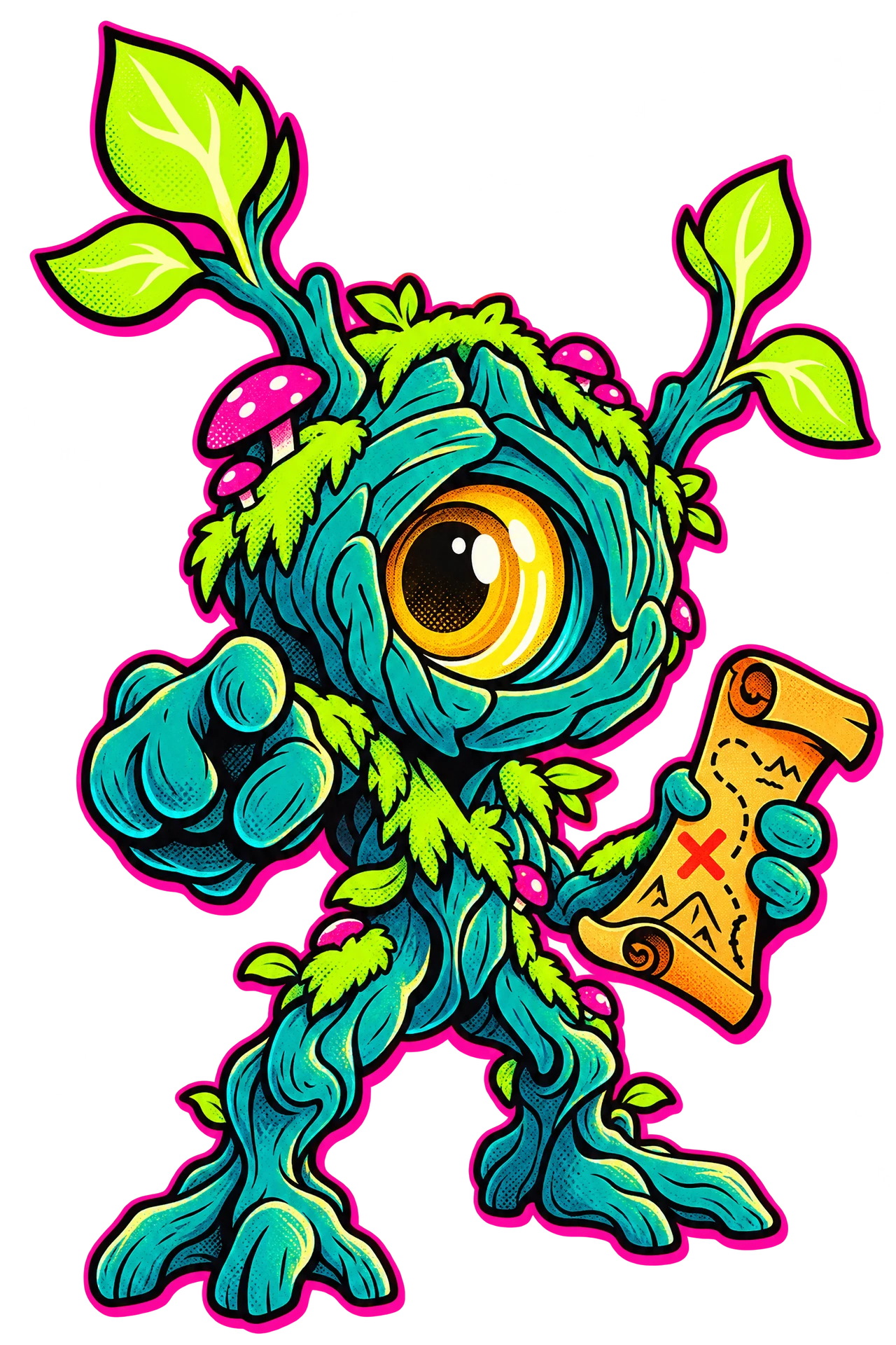 Grotaga, an ancient but young-looking living sapling holding a treasure map.